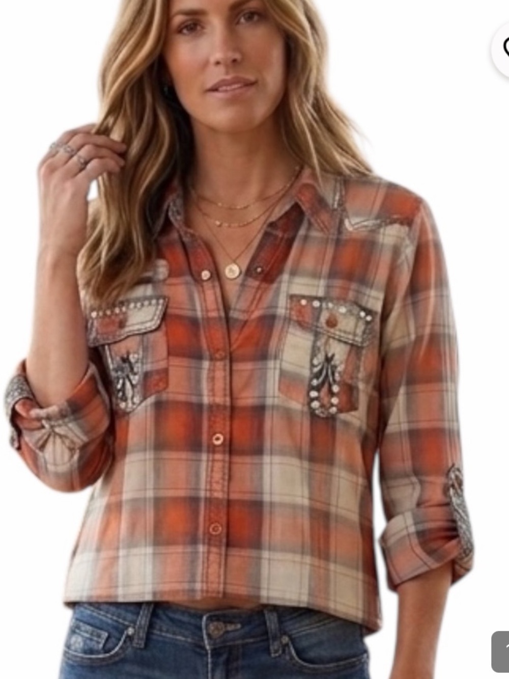 Roar Piper Plaid Rhinestone Embroidered Button Up Shirt Womens Medium